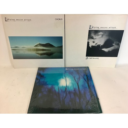 332 - FLYING SAUCER ATTACK VINYL ALBUMS X 3. Titles here are as follows - Further - Distance - chorus. All... 