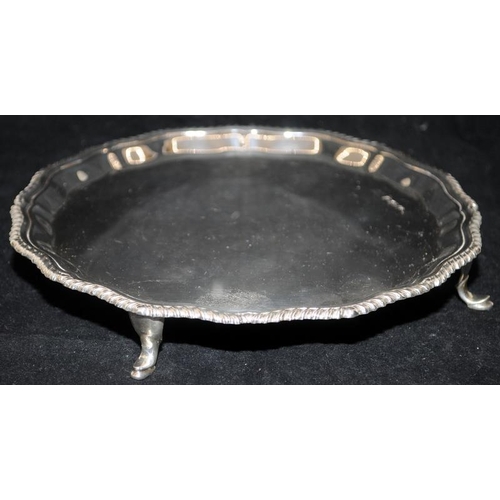 205 - Sterling silver tray on four feet with pie crust edge. good heavy gauge. Hallmarked for Sheffield 19... 