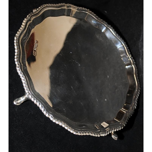 205 - Sterling silver tray on four feet with pie crust edge. good heavy gauge. Hallmarked for Sheffield 19... 