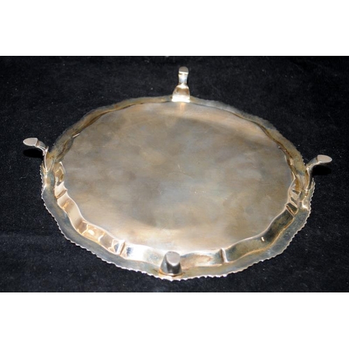 205 - Sterling silver tray on four feet with pie crust edge. good heavy gauge. Hallmarked for Sheffield 19... 