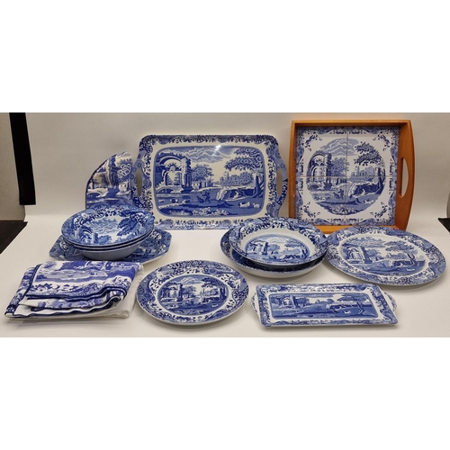 109 - Collection of blue and white tableware to include Spode pieces, tablecloth etc.