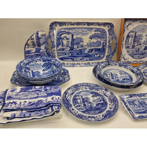 109 - Collection of blue and white tableware to include Spode pieces, tablecloth etc.