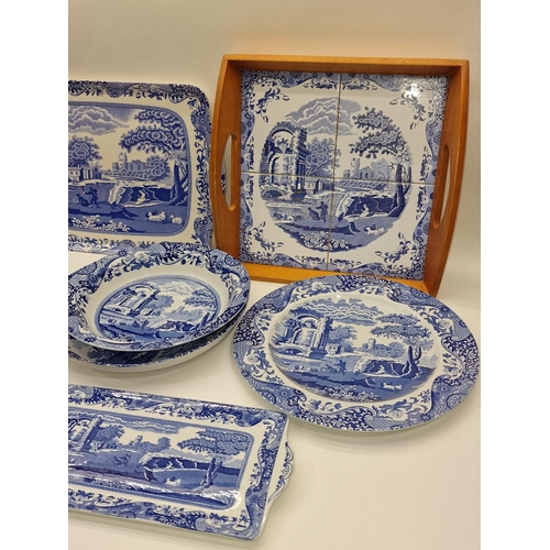 109 - Collection of blue and white tableware to include Spode pieces, tablecloth etc.