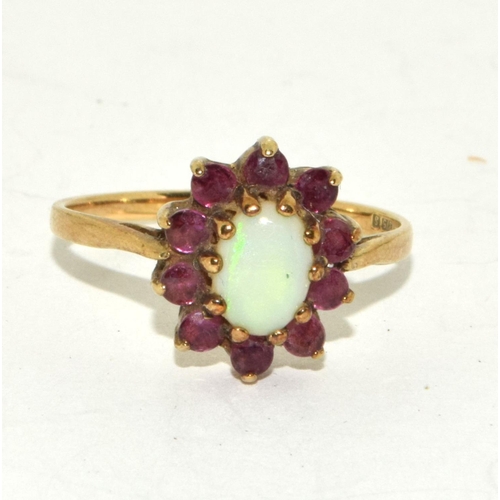 140 - 9ct gold ladies Opal and Ruby cluster ring size O