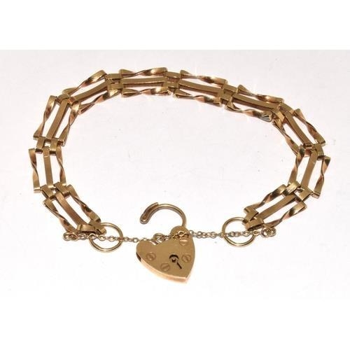 192 - 9ct gold 3 bar gate bracelet with lock and safety chain 19cm long , 9.5g