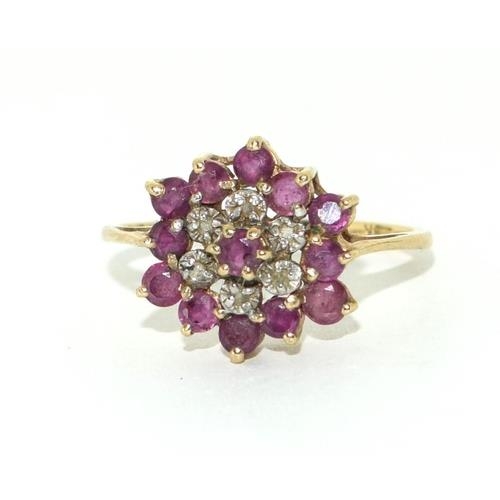 238 - 9ct gold ladies antique set Diamond and Ruby cluster ring size P