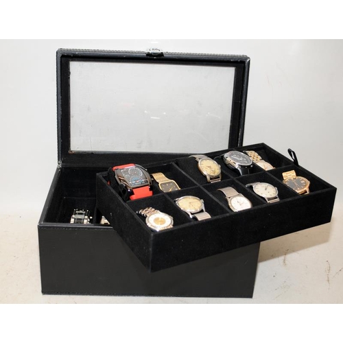 143 - Collection of gents watches including Casio, Mido etc all contained within a watch storage box with ... 