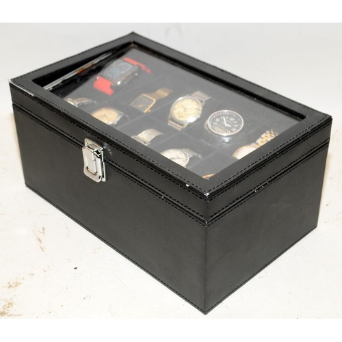 143 - Collection of gents watches including Casio, Mido etc all contained within a watch storage box with ... 