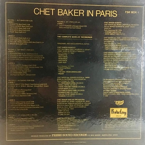 174 - RARE CHET BAKER BOX SET - ‘CHET BAKER IN PARIS’ VINYL ALBUMS. This is a 1986 replica set ‘The Comple... 