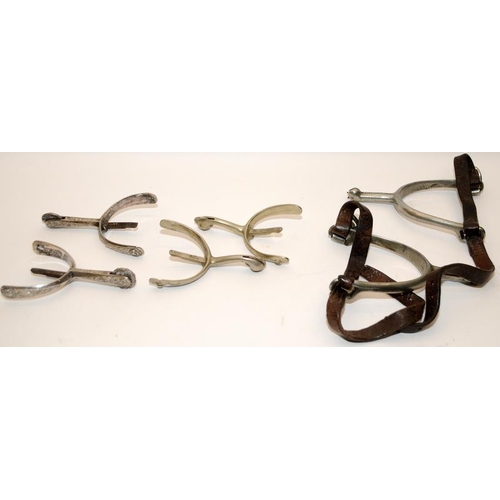 313 - 3 Pairs of spurs including a military cavalry pair dated 1914 and 1915 and carrying military broad a... 