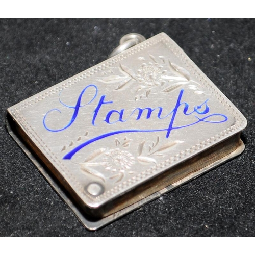 227 - Edwardian Sterling Silver postage stamp box with enamel embellishment. Hallmarked for Birmingham 190... 