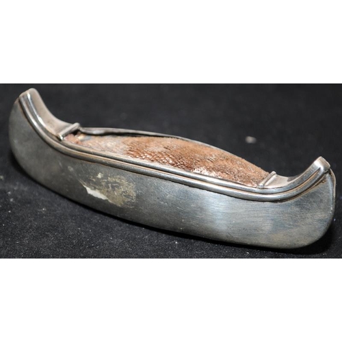 244 - Antique Sterling Silver pin cushion in the form of a canoe. Hallmarked for Birmingham 1906