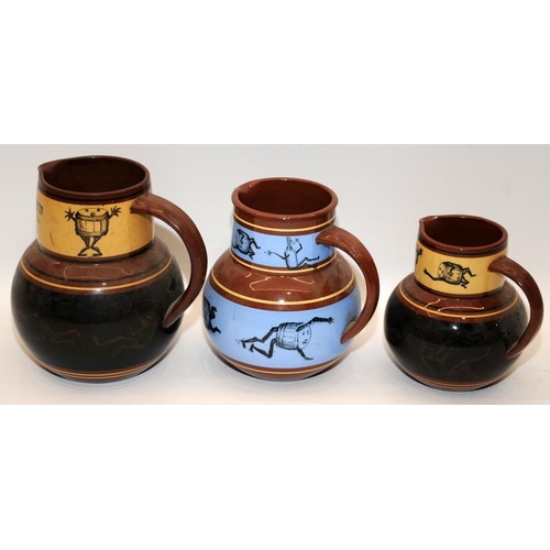 292 - Set of 3 graduated Brownfield Bass earthenware water jugs. The largest being 15cms tall