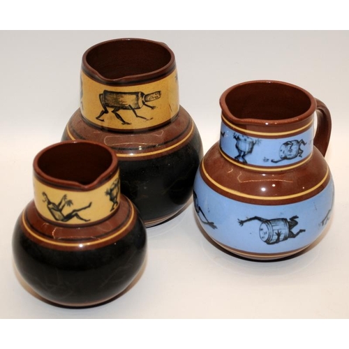 292 - Set of 3 graduated Brownfield Bass earthenware water jugs. The largest being 15cms tall