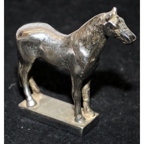 303 - Two vintage car mascots, a chrome horse and a brass spaniel mounted on a wooden plinth. O/all height... 