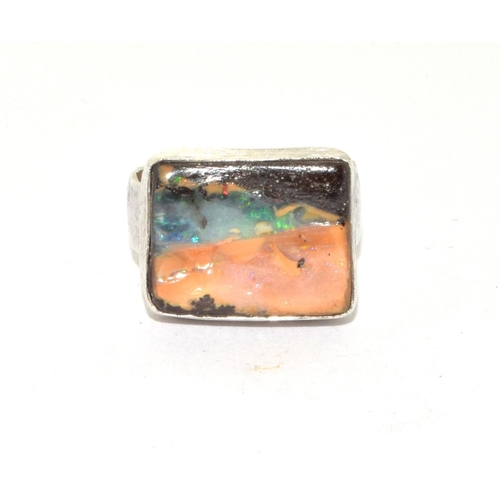 206A - Handmade Opal landscape beaten silver ring size M