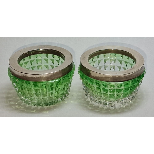 393 - Victorian Robert Pringle silver green glass hallmarked salt cellars.