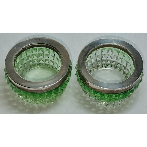 393 - Victorian Robert Pringle silver green glass hallmarked salt cellars.