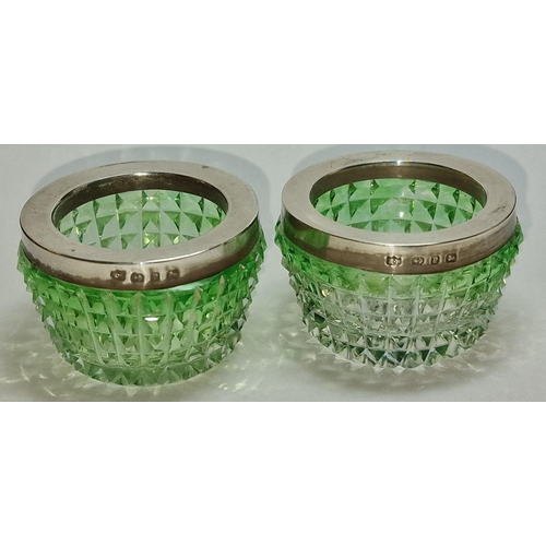 393 - Victorian Robert Pringle silver green glass hallmarked salt cellars.