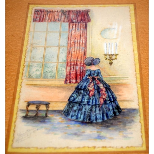 226 - Doram Sibley Framed picture composed of a mix of watercolours and stamps decoupage. Signed and dated... 