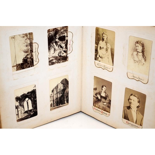 228 - Victorian photograph album containing nearly 200 pictures, mostly cabinet cards. Many topographical ... 