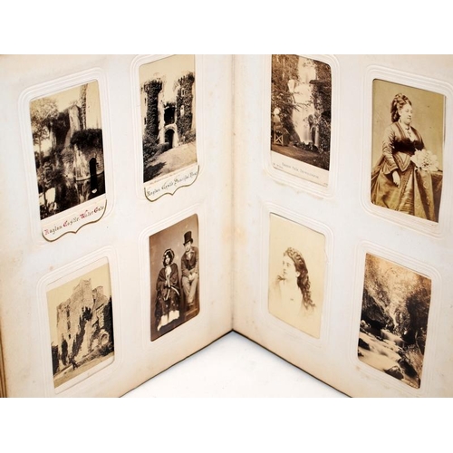 228 - Victorian photograph album containing nearly 200 pictures, mostly cabinet cards. Many topographical ... 