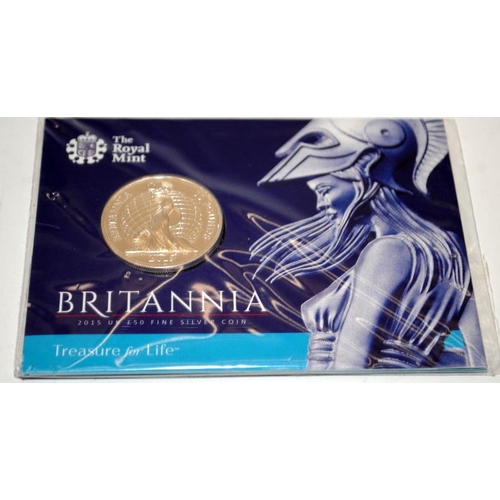 98 - Royal Mint 2015 Britannia Silver £50 Fifty Pounds coin, 2013 fine silver £20 coin and a special 2015... 