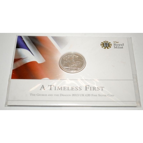 98 - Royal Mint 2015 Britannia Silver £50 Fifty Pounds coin, 2013 fine silver £20 coin and a special 2015... 