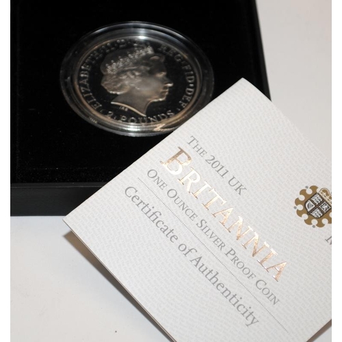 107 - 3 x Royal Mint 1oz Silver proof Britannia coins. All in presentation boxes with certificates