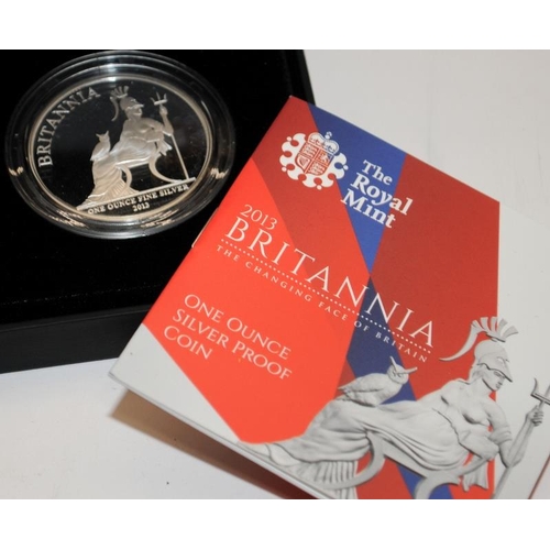 107 - 3 x Royal Mint 1oz Silver proof Britannia coins. All in presentation boxes with certificates