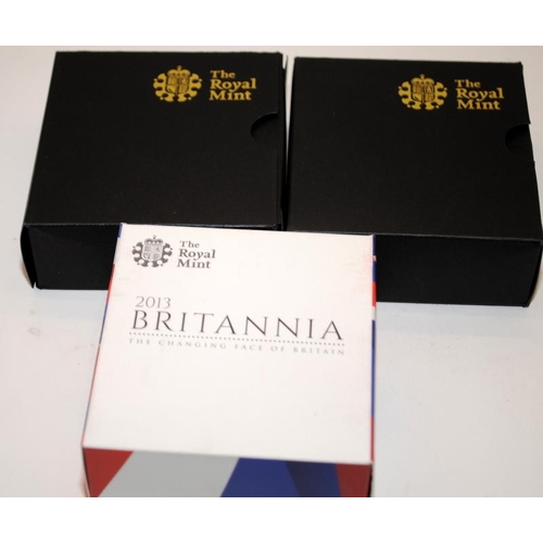 107 - 3 x Royal Mint 1oz Silver proof Britannia coins. All in presentation boxes with certificates