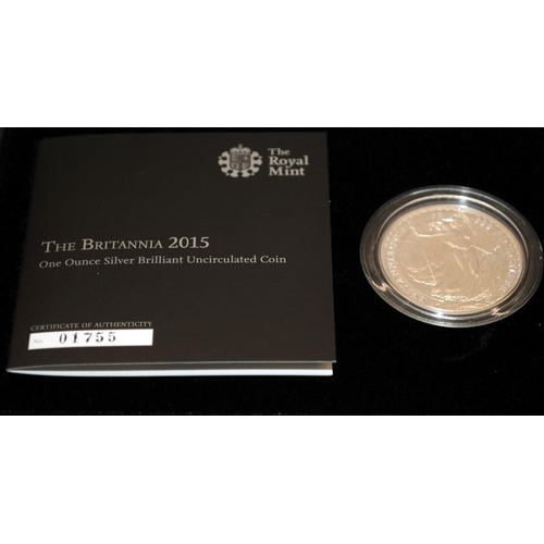 106 - 3 x Royal Mint 1oz fine silver Britannia coins. 2014, 2015 and 2017. All boxed with certificates. 20... 