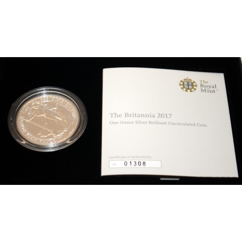 106 - 3 x Royal Mint 1oz fine silver Britannia coins. 2014, 2015 and 2017. All boxed with certificates. 20... 