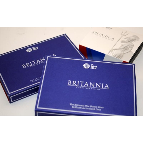 106 - 3 x Royal Mint 1oz fine silver Britannia coins. 2014, 2015 and 2017. All boxed with certificates. 20... 