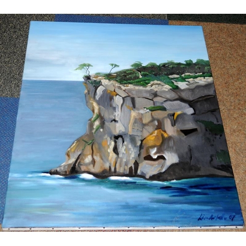 41 - Large Oil on Canvas of a rocky coastal scene signed Lisa Adlatts (?) '07. 92cms x 73cms