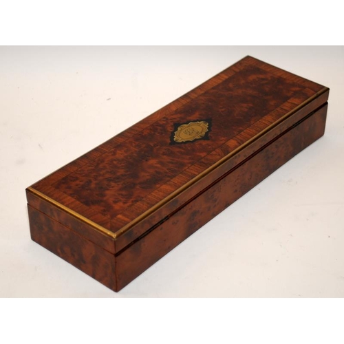 13 - Antique French Amboyna Veneer glove box with brass banding and inlaid brass cartouche. 29cms across