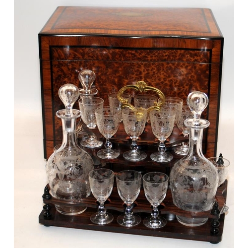 11 - Antique Napoleon III amboyna burr veneer cave a liqueur after dinner drinks box. Missing one decante... 