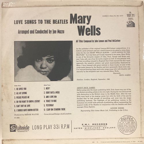 267 - MARY WELLS VINYL LP ‘LOVE SONGS OF THE BEATLES’. Super album found here on Stateside Records SL 1017... 