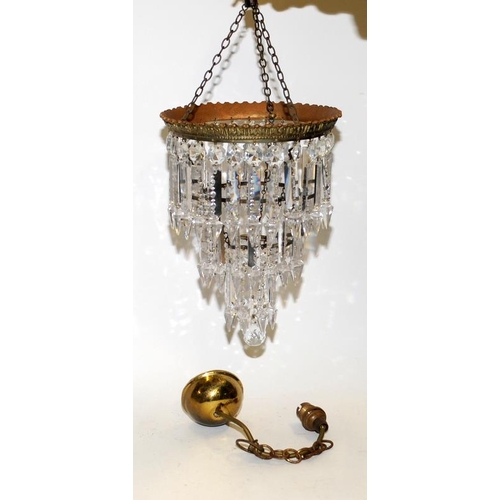 437 - Vintage glass drop chandelier ceiling light with original fitting and no missing glass pieces.