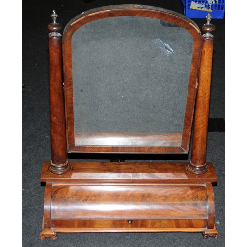 440 - Antique walnut veneer dressing table mirror. Arched mirror supported by tapering columns over piano ... 