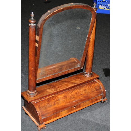 440 - Antique walnut veneer dressing table mirror. Arched mirror supported by tapering columns over piano ... 