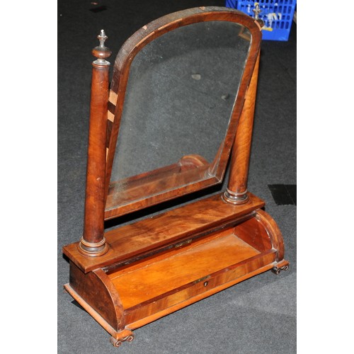 440 - Antique walnut veneer dressing table mirror. Arched mirror supported by tapering columns over piano ... 