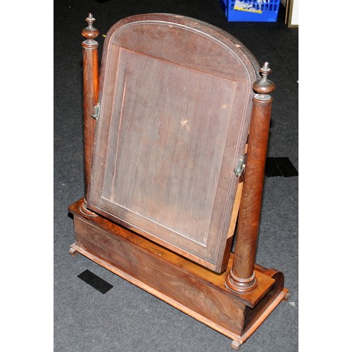 440 - Antique walnut veneer dressing table mirror. Arched mirror supported by tapering columns over piano ... 