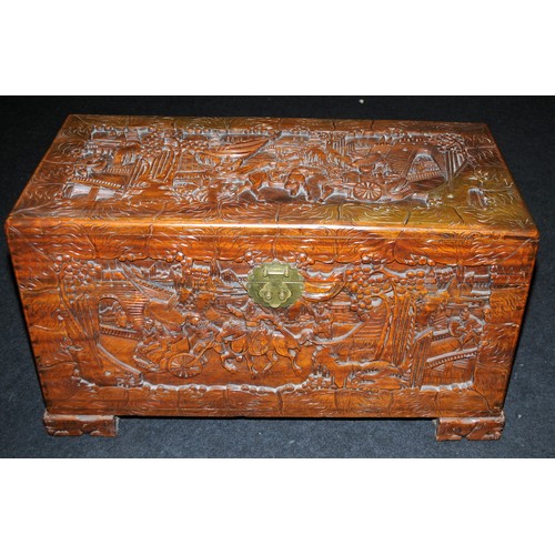 442 - Large vintage Oriental Import camphor wood blanket chest, with carved decoration on all sides. 104cm... 