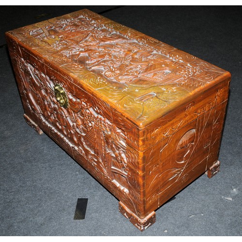 442 - Large vintage Oriental Import camphor wood blanket chest, with carved decoration on all sides. 104cm... 