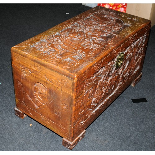 442 - Large vintage Oriental Import camphor wood blanket chest, with carved decoration on all sides. 104cm... 