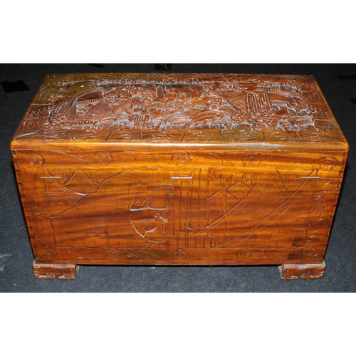 442 - Large vintage Oriental Import camphor wood blanket chest, with carved decoration on all sides. 104cm... 