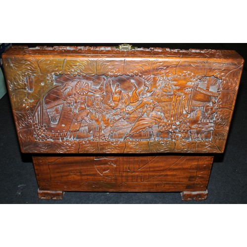 442 - Large vintage Oriental Import camphor wood blanket chest, with carved decoration on all sides. 104cm... 