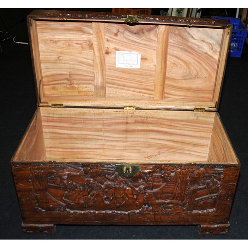 442 - Large vintage Oriental Import camphor wood blanket chest, with carved decoration on all sides. 104cm... 