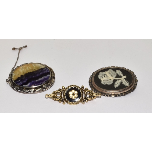 Silver mourning brooch together with a silver blue john brooch and a ...